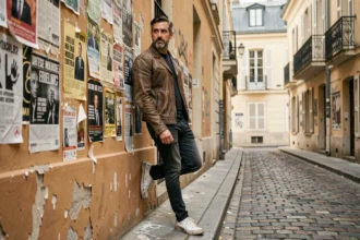 Homme en veste de cuir appuyé contre un mur tagué dans une ruelle pavée d'un faubourg parisien, culture urbaine