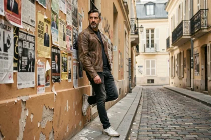 Homme en veste de cuir appuyé contre un mur tagué dans une ruelle pavée d'un faubourg parisien, culture urbaine