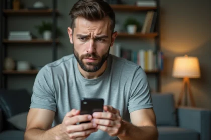 Homme frustré regardant son smartphone Android avec un SMS bloqué dans un bureau à domicile