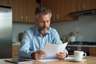 Homme d'âge moyen en tenue décontractée à la maison, examinant ses relevés financiers