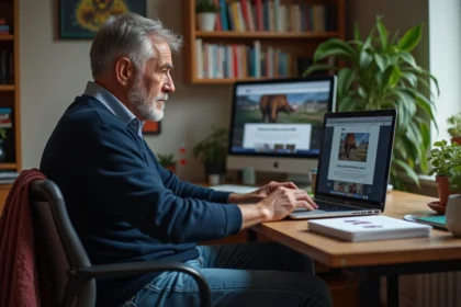Homme d'âge moyen dans un bureau à domicile avec ordinateur