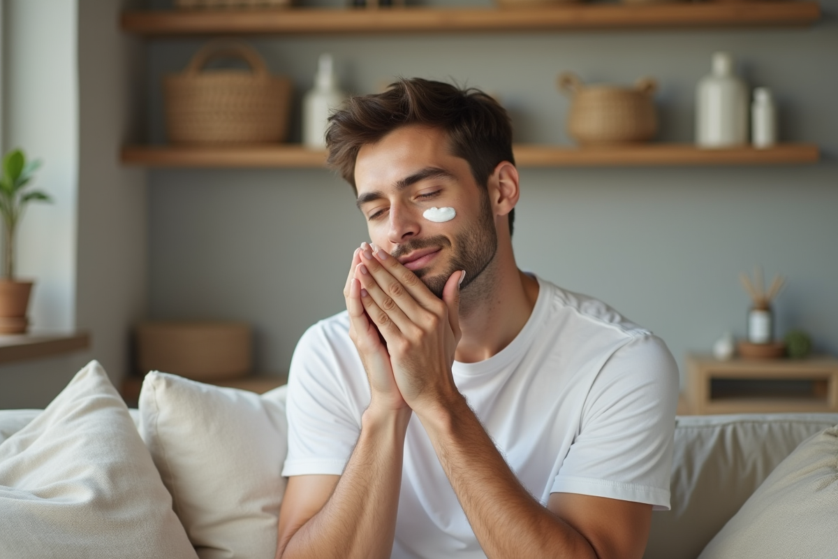 Jeune homme appliquant une crème hydratante dans un salon cosy