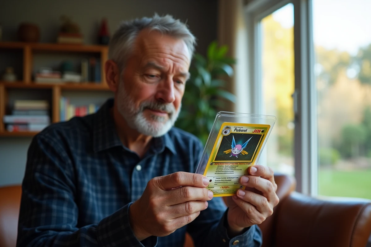 Un homme inspecte une carte Pokémon dans une pochette de protection transparente face à la lumière d'une fenêtre pour en vérifier l'authenticité