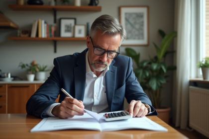 Homme d'âge moyen en costume bleu examine des documents immobiliers