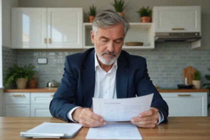 Homme d'âge moyen examine des documents immobiliers dans la cuisine