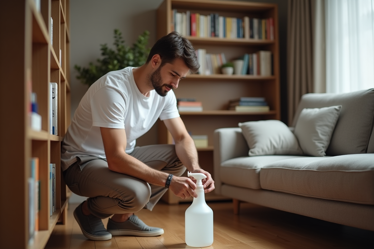 Jeune homme lisant une étiquette de produit de nettoyage
