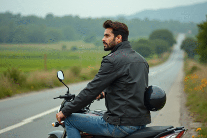 Homme en veste moto et jeans sur une moto Avenger en campagne
