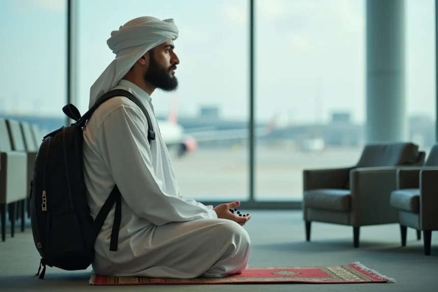 Musulman priant dans un aéroport avec sac à dos
