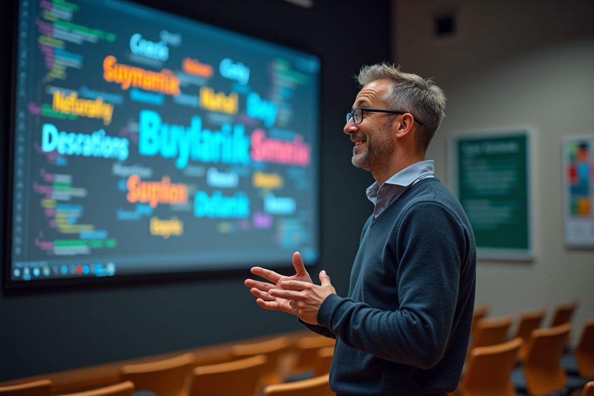 Homme en train d expliquer devant un écran interactif
