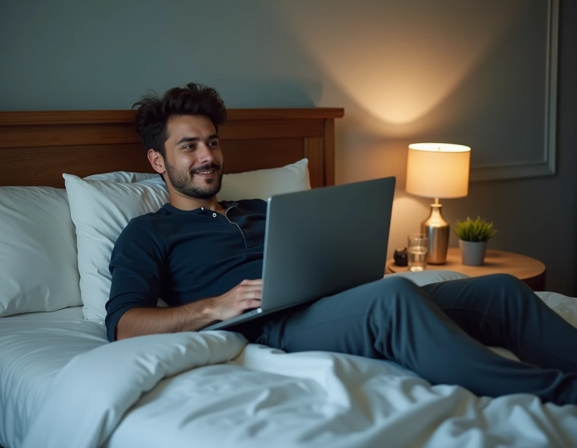 Homme regardant une série espagnole en streaming sur son ordinateur portable allongé dans sa chambre avec sous-titres