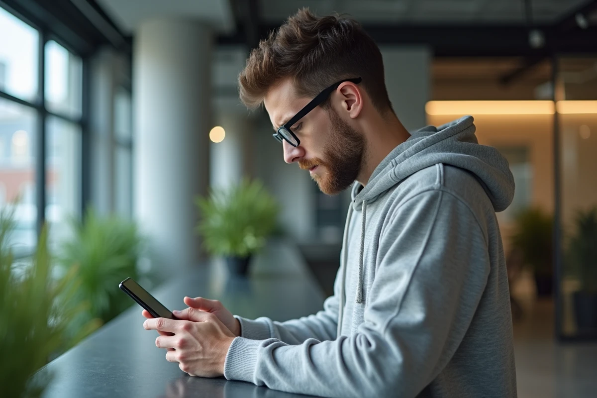 Homme consultant son smartphone avec inquiétude dans un espace de coworking moderne, symbolisant la recherche d'informations personnelles et la protection de la vie privée en ligne