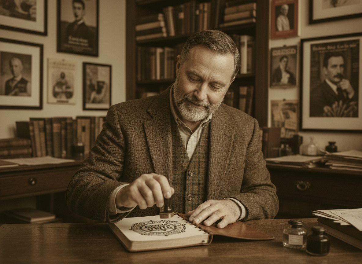 Homme en tweed utilisant un tampon encreur dans un coin lecture cosy