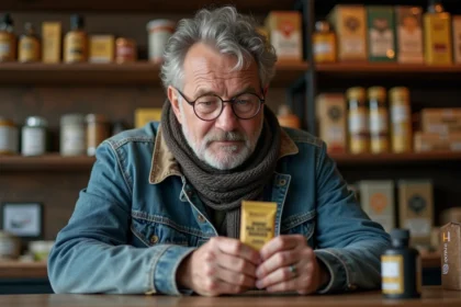 Homme d'âge moyen examinant un tabac à la boutique