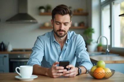 Homme en cuisine utilisant WhatsApp sur smartphone