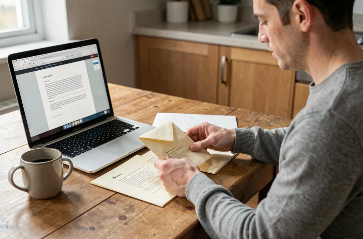 Homme triant des courriers et enveloppes avec un modèle d'adresse affiché sur ordinateur à domicile