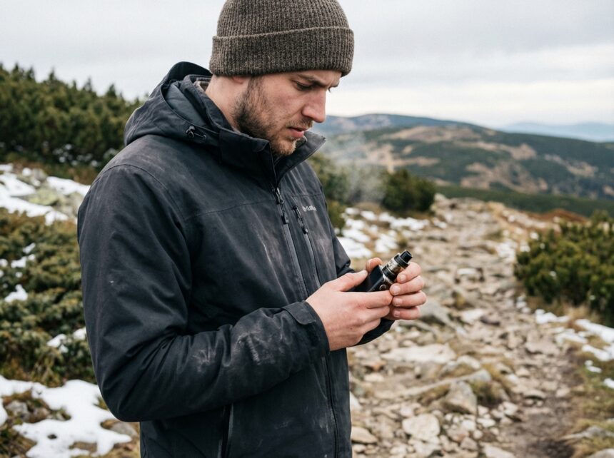 Jeune homme en montagne examine son vape avec concentration