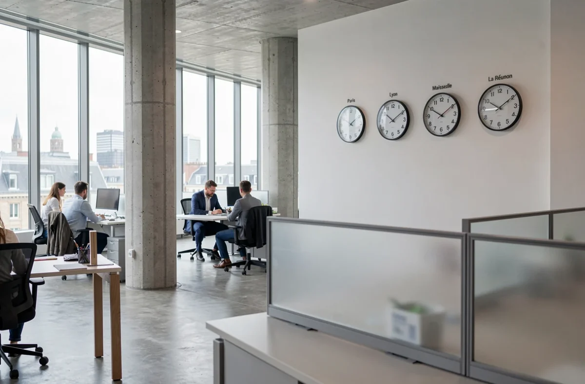 Bureau moderne à Bruxelles avec quatre horloges murales affichant l'heure de Paris, Lyon, Marseille et La Réunion côte à côte
