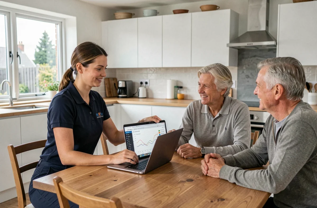 Conseillère I.ENERGIE présentant un audit énergétique numérique à des propriétaires dans une maison moderne du Finistère