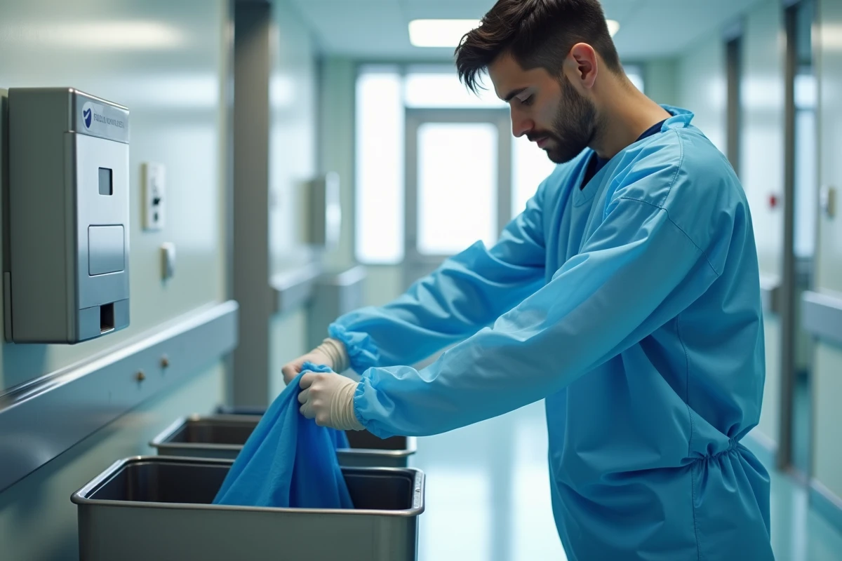 Jeune infirmier jetant une tenue médicale dans une poubelle