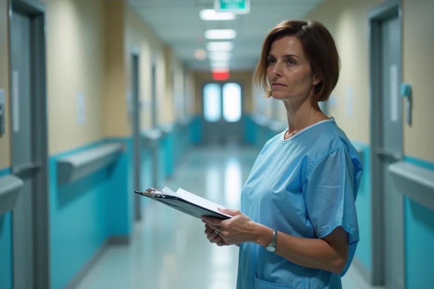 Infirmière d'âge moyen dans un couloir d'hôpital moderne
