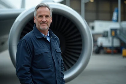 Ingénieur aéronautique homme à côté d'un moteur d'avion moderne