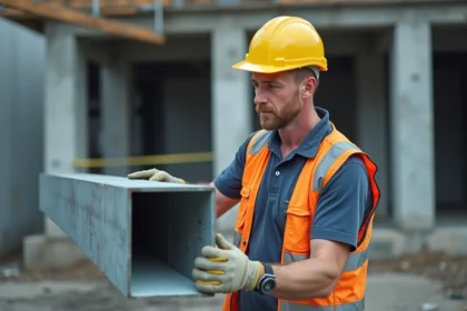 Ingénieur en bâtiment inspectant un profilé en U en acier galvanisé sur un chantier de construction structurelle
