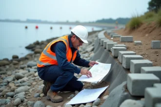 Ingénieur maritime en tenue de sécurité étudie des plans sur la côte rocheuse