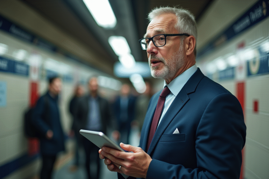 Ingénieur de metro en costume bleu avec tablette