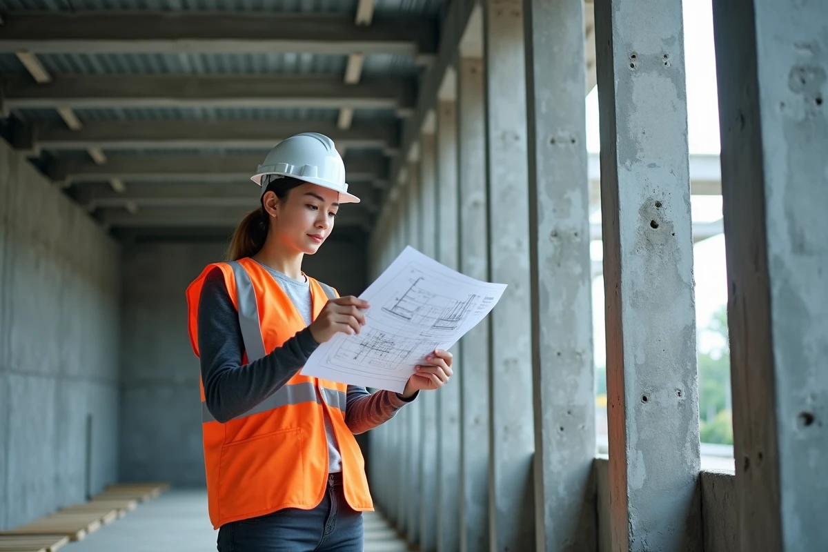Ingénieure structurelle analysant des plans techniques devant une ossature en acier avec profilés en U porteurs