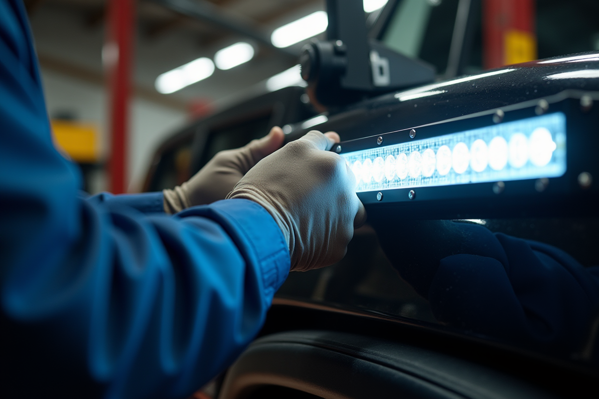 Mécanicien installant une barre LED sur un 4x4