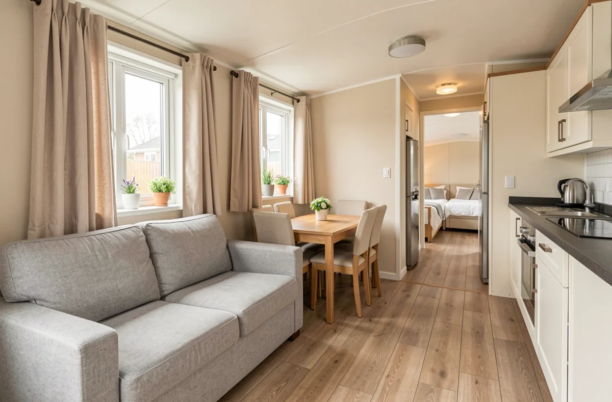 Intérieur spacieux d'un mobil-home familial haut de gamme avec salon et cuisine équipée