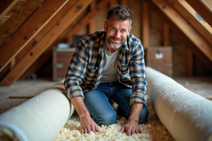 Homme moyen âge pose de l'isolant dans un grenier