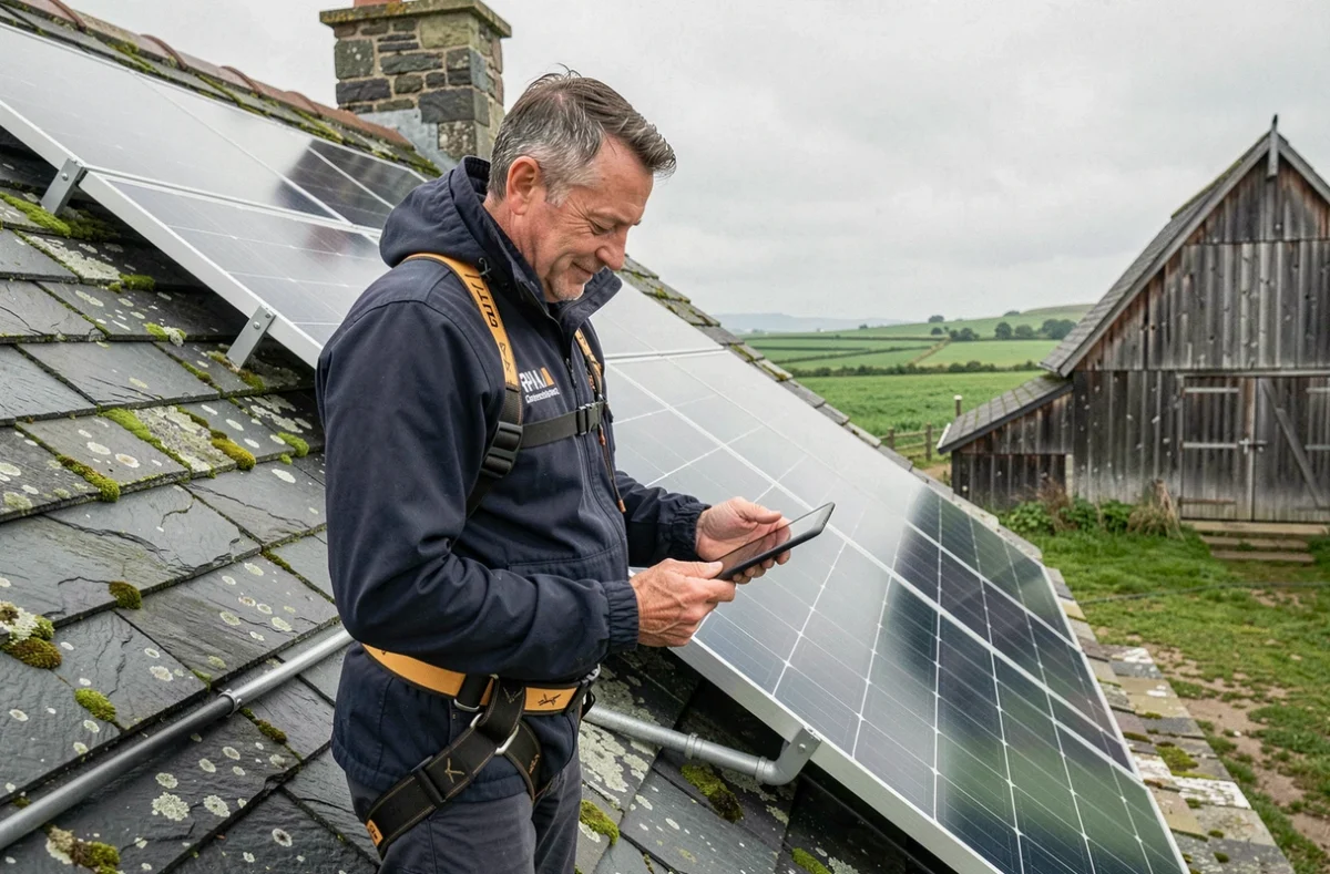 Installateur Jaouen Energies vérifiant des panneaux solaires thermiques sur le toit d'une ferme bretonne dans le Finistère