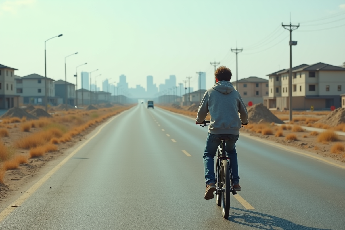 Adolescent à vélo sur une route en expansion urbaine