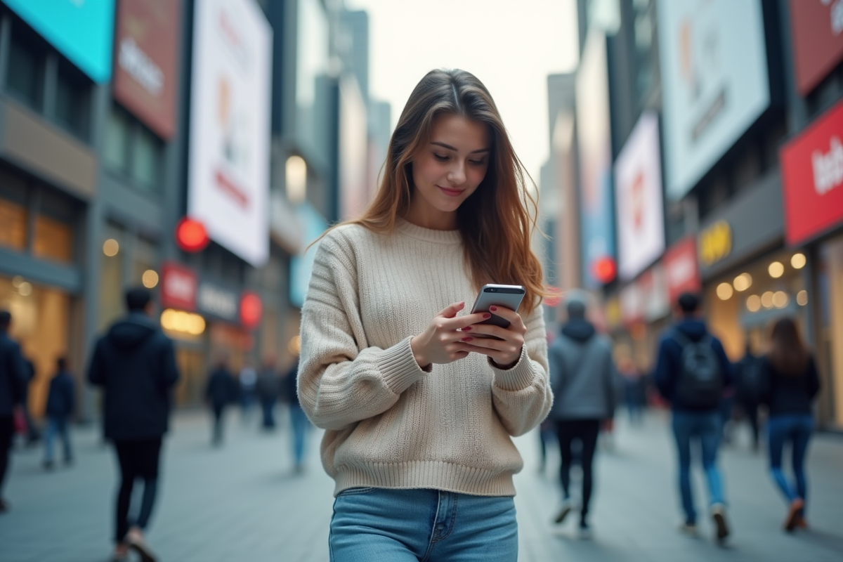 Jeune femme dans la rue utilisant son smartphone