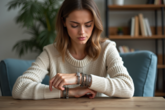 Jeune femme retire des bracelets en métal dans un salon chaleureux