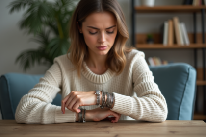 Jeune femme retire des bracelets en métal dans un salon chaleureux