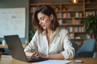 Jeune femme au bureau coworking en pleine concentration