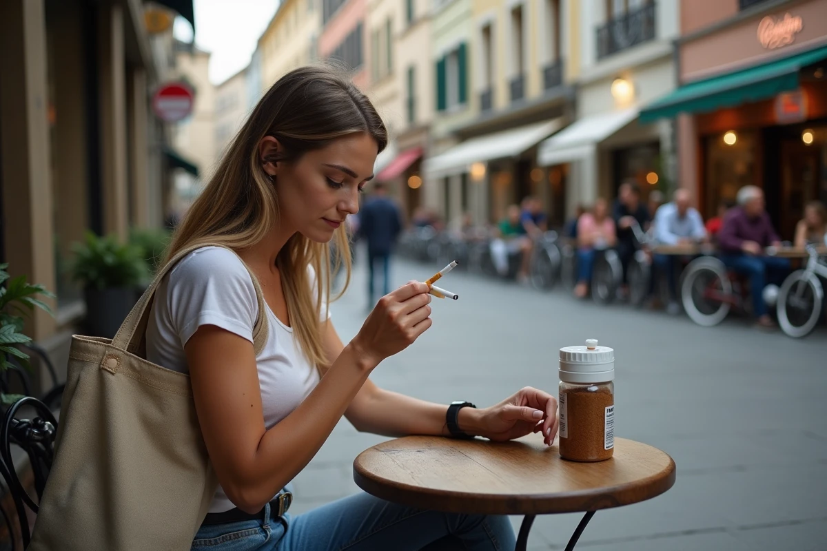 Jeune femme roulant un cigarette dans un café en ville