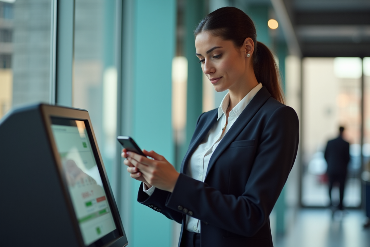 Jeune femme en blazer utilisant un kiosque bancaire en ville