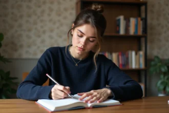 Jeune femme française écrit dans un carnet dans un intérieur parisien