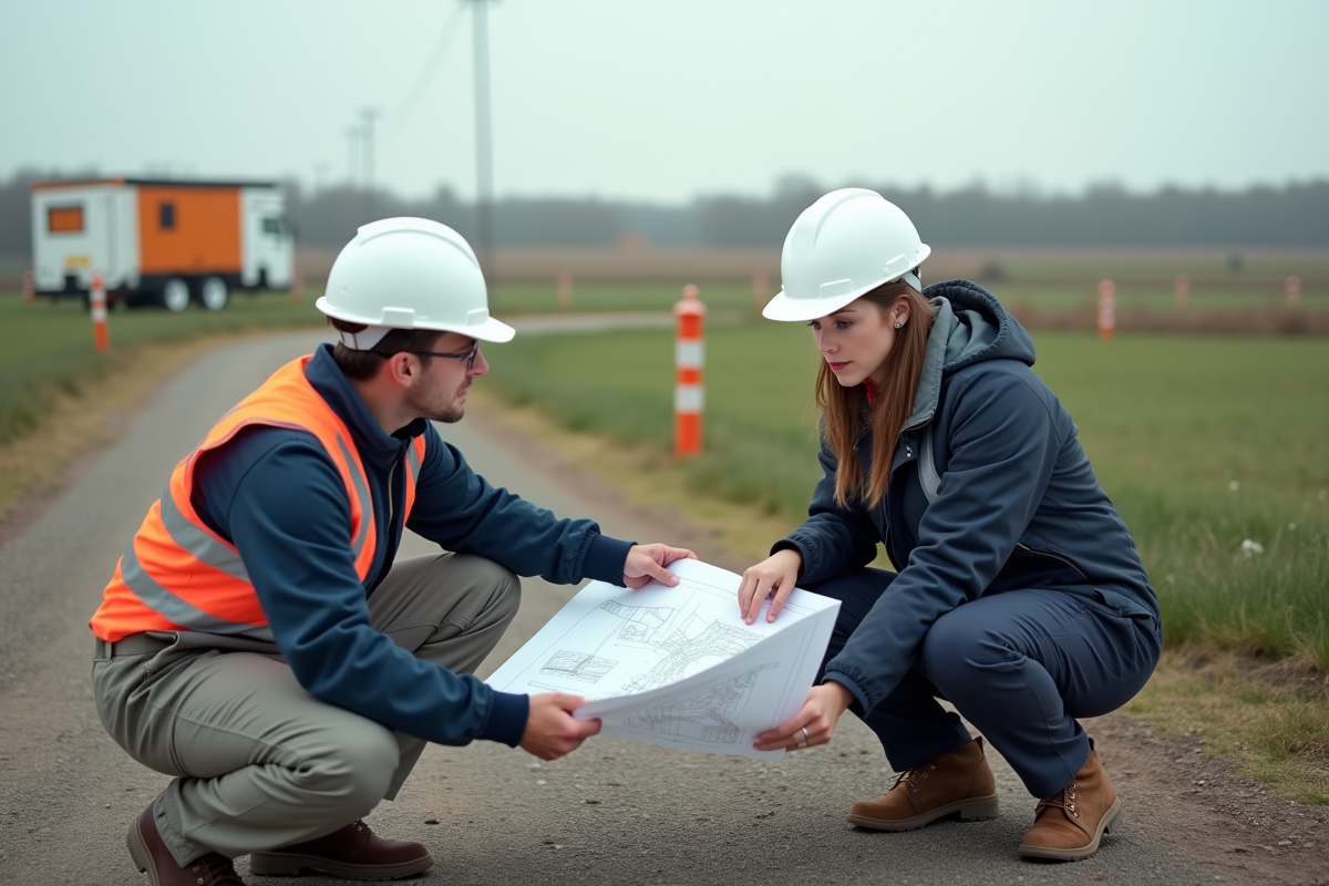 Jeune ingénieure vérifiant plans sur terrain rural