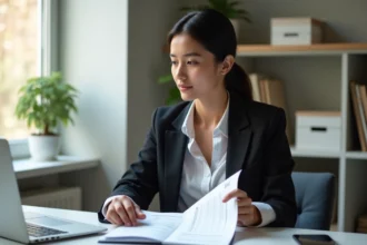 Jeune femme en blazer dans un bureau lumineux