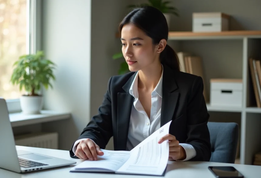 Jeune femme en blazer dans un bureau lumineux