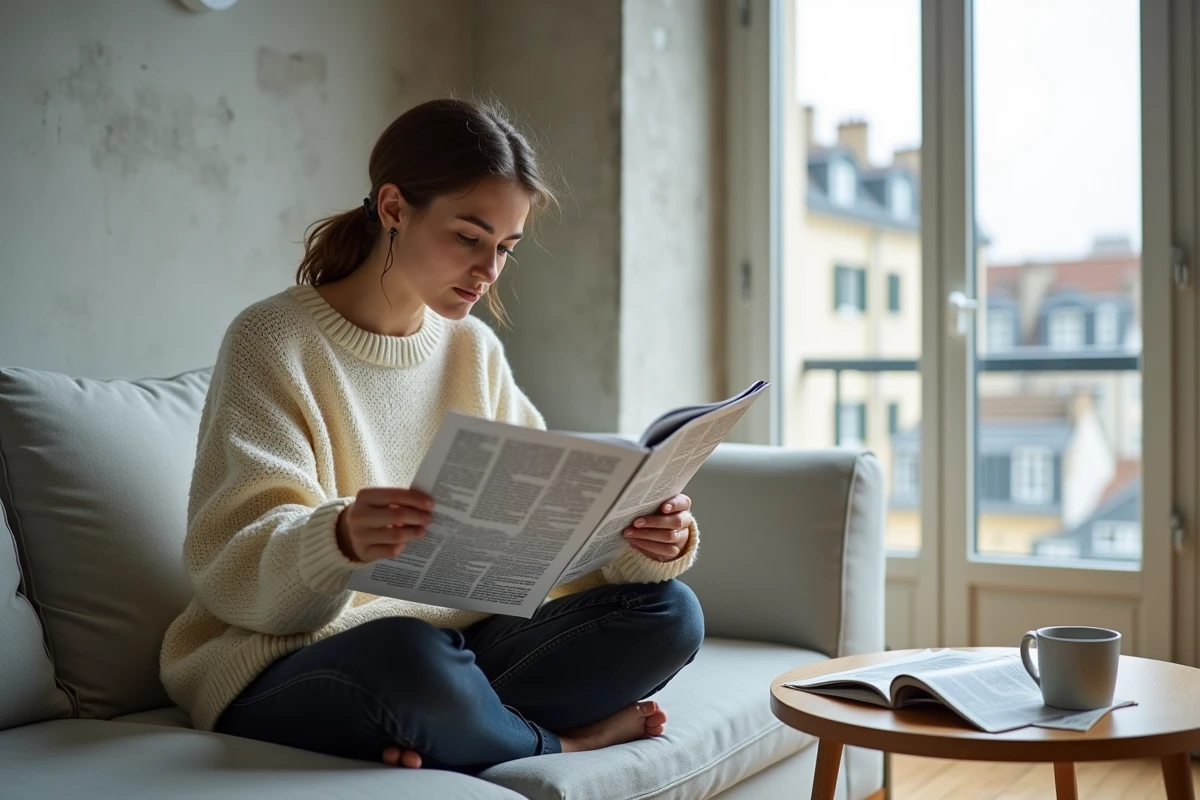 Jeune femme lisant un article sur les évolutions du français moderne dans un appartement parisien minimaliste