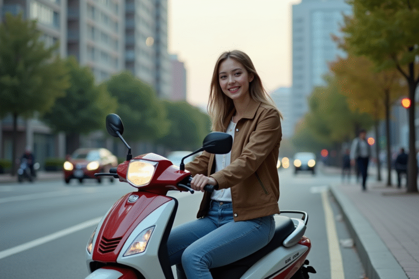 Jeune femme souriante avec moto compacte en ville