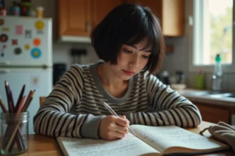 Jeune femme pensant avec un cahier de français à la maison