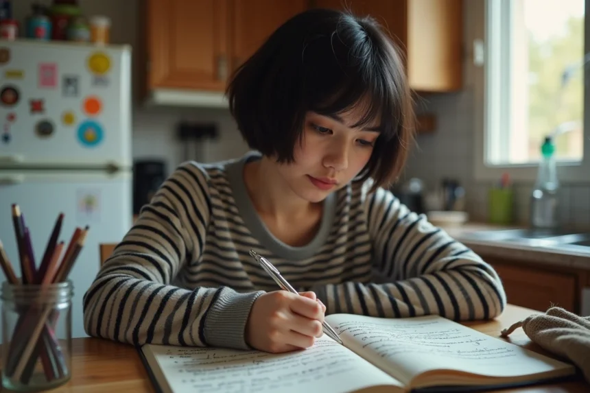 Jeune femme pensant avec un cahier de français à la maison
