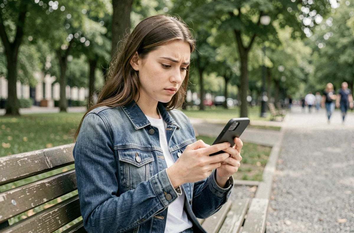 Jeune femme dans un parc urbain scrutant un numéro de téléphone inconnu sur son écran de smartphone