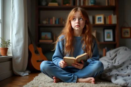 Jeune fille contemplative avec carnet de chansons françaises